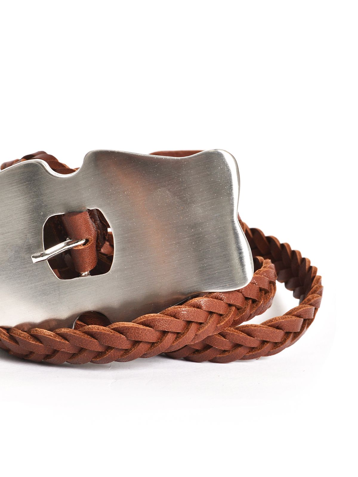 Braided leather belt with statement buckle