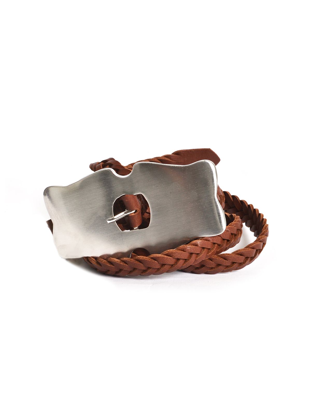 Braided leather belt with statement buckle