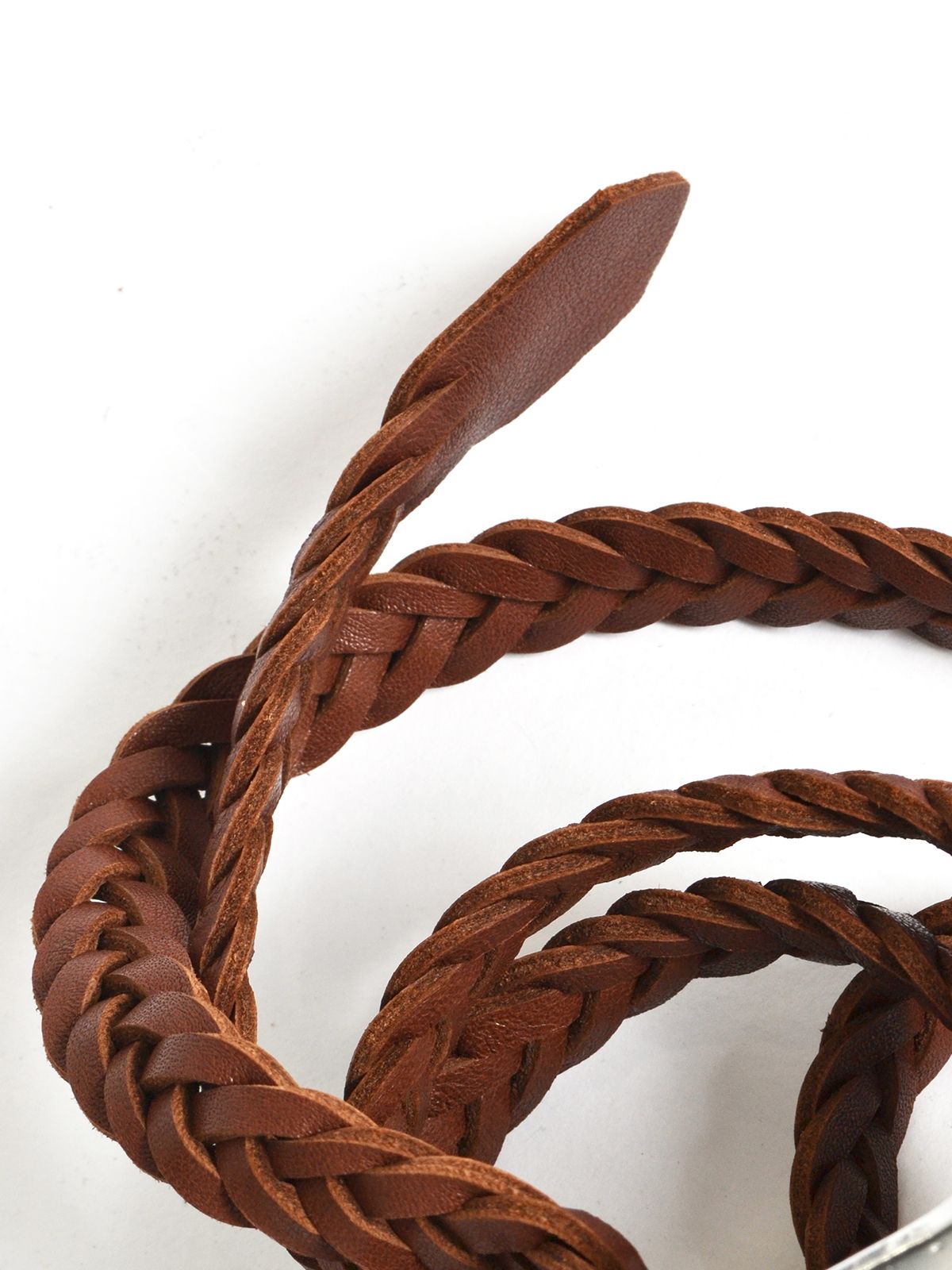 Braided leather belt with statement buckle