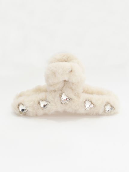 Furry hair claw with crystal heart embellishments