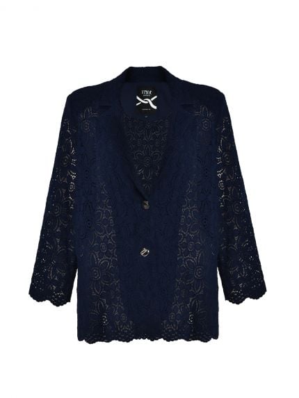 Blue lace blazer with geometric buttons