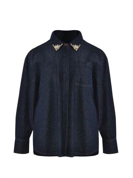 Dark blue cotton denim shirt with strass-embellished collar