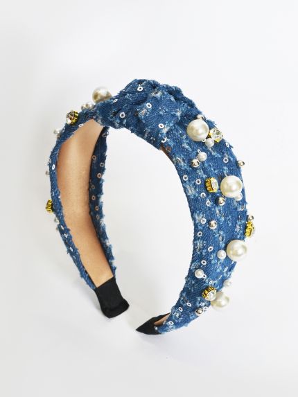 Denim pearl and crystal embellished knotted headband