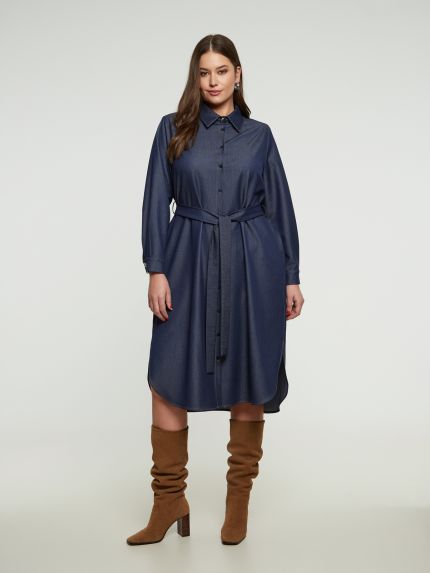 Denim shirt-dress with tie belt