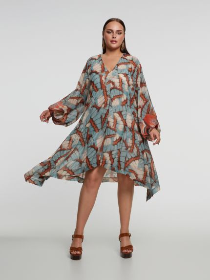 Asymmetrical butterfly-print dress