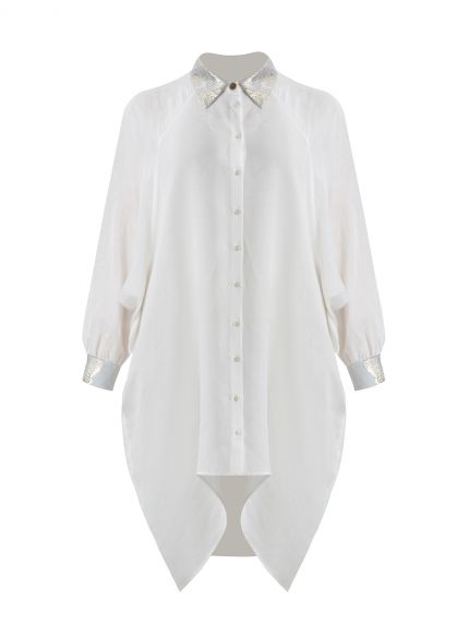 Asymmetric linen-blend shirt with metallic paisley accents