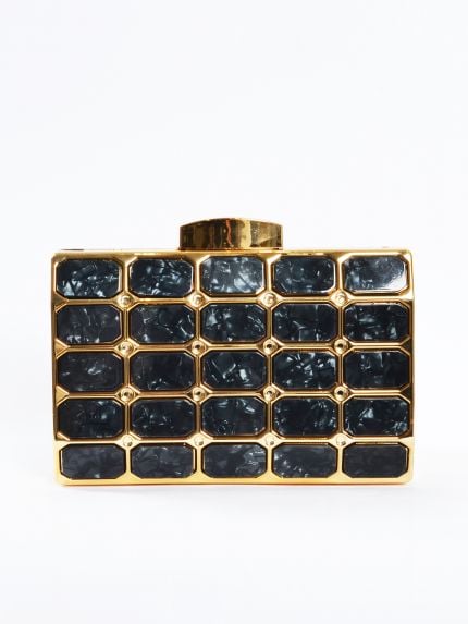 Geometric hard case clutch with marbled tile pattern and gold-tone frame