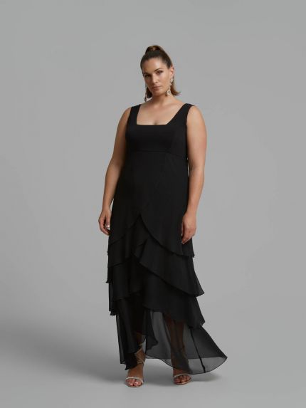 Maxi φόρεμα με ασύμμετρες chiffon στρώσεις