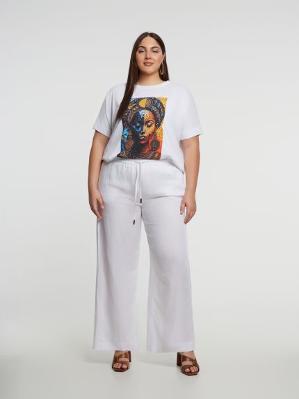 Wide-leg viscose-linen trousers with elastic waistband