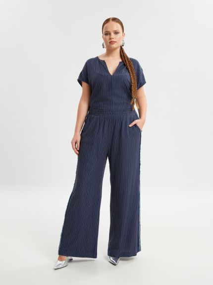 Pinstriped relaxed trousers in viscose-linen blend
