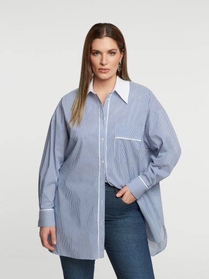 Ριγέ oversized πουκάμισο με αντίθεση στον γιακά