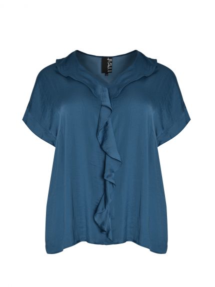 Satin V-neck blouse with ruffled front