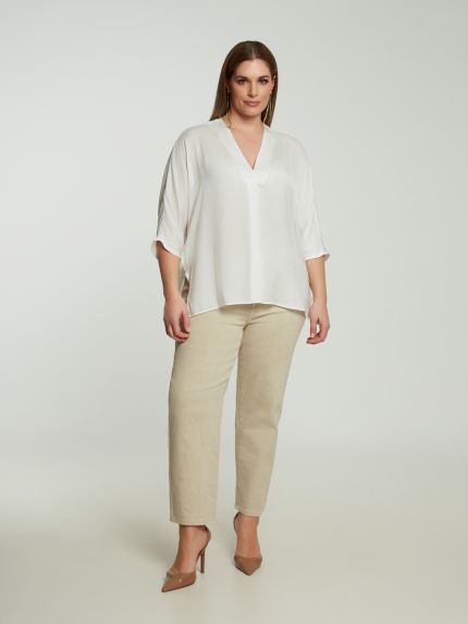 Satin V-neck blouse with three-quarter sleeves