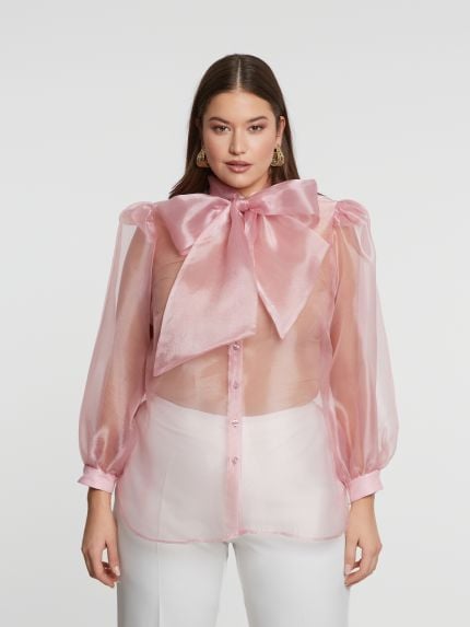 Sheer organza shirt with statement bow