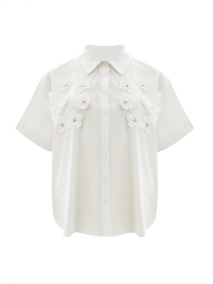 Short-sleeve embroidered cotton shirt with cutwork details
