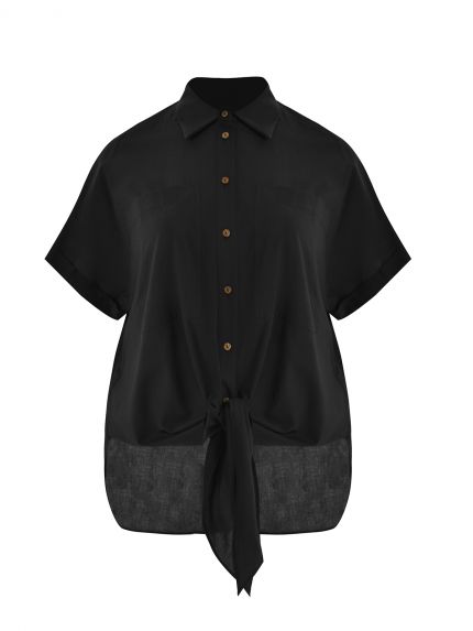 Short-sleeve poplin cotton shirt with patch pockets and front tie