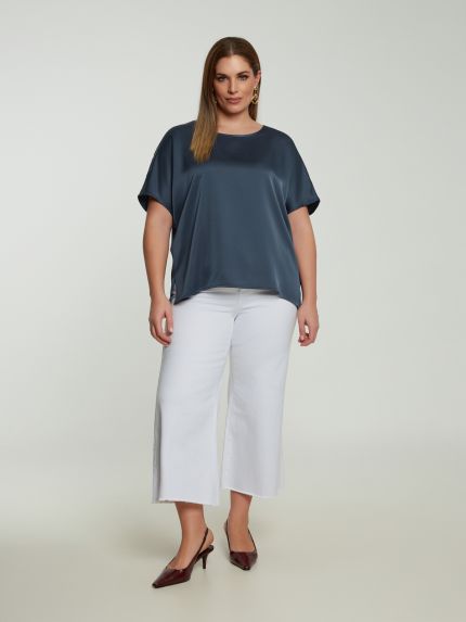 Short-sleeve satin blouse with back ties