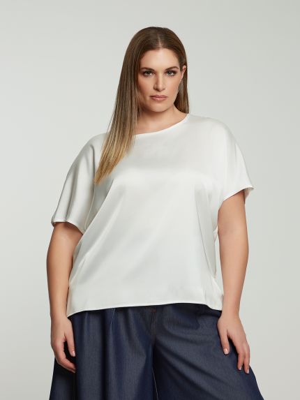 Short-sleeve satin blouse with back ties