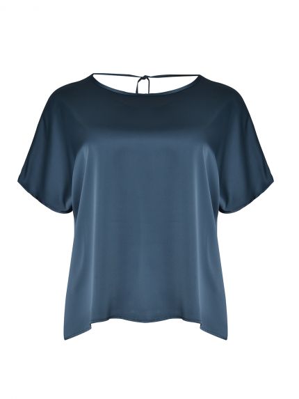 Short-sleeve satin blouse with back ties