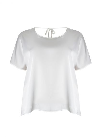 Short-sleeve satin blouse with back ties