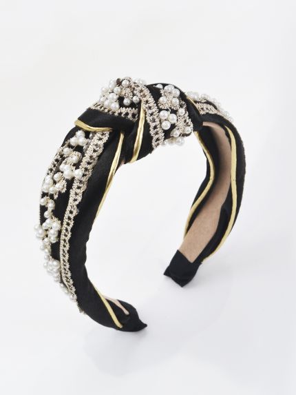 Knotted black and gold headband with pearl embellishments
