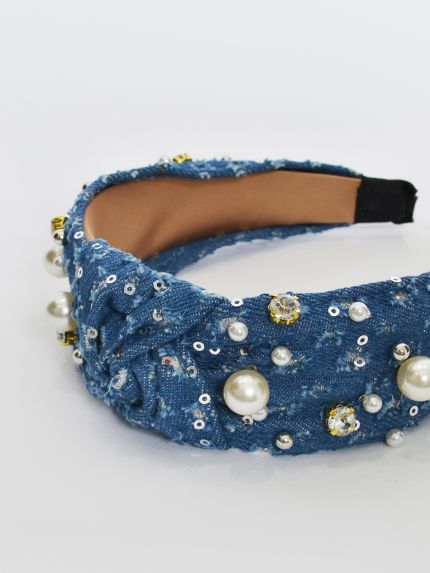 Denim pearl and crystal embellished knotted headband