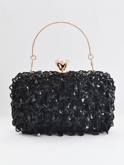 Black beaded clutch with jewel clasp