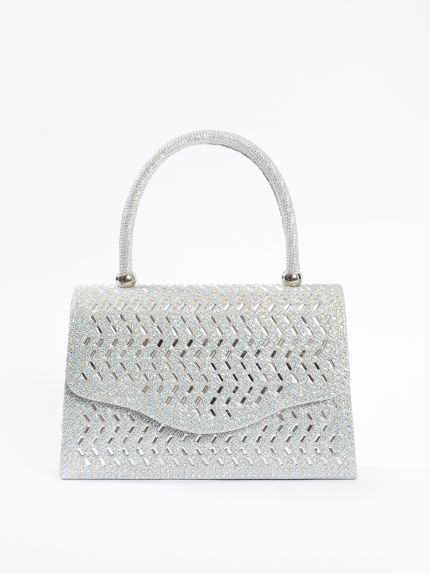 Structured glitter mini top-handle bag with chevron pattern