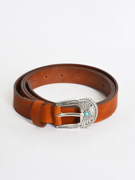 Western-inspired leather belt with engraved buckle