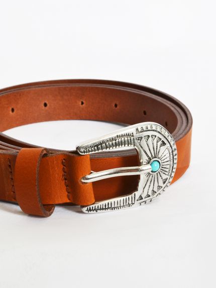 Western-inspired leather belt with engraved buckle