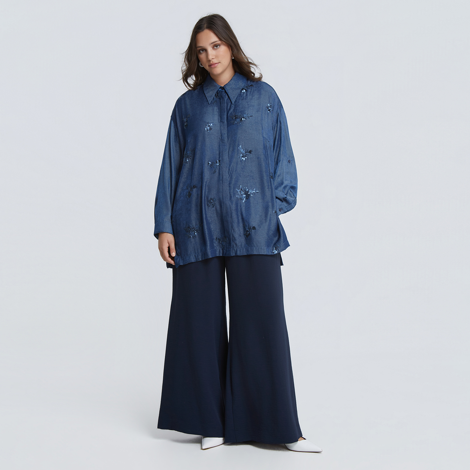 Denim shirt with sequin embroidery