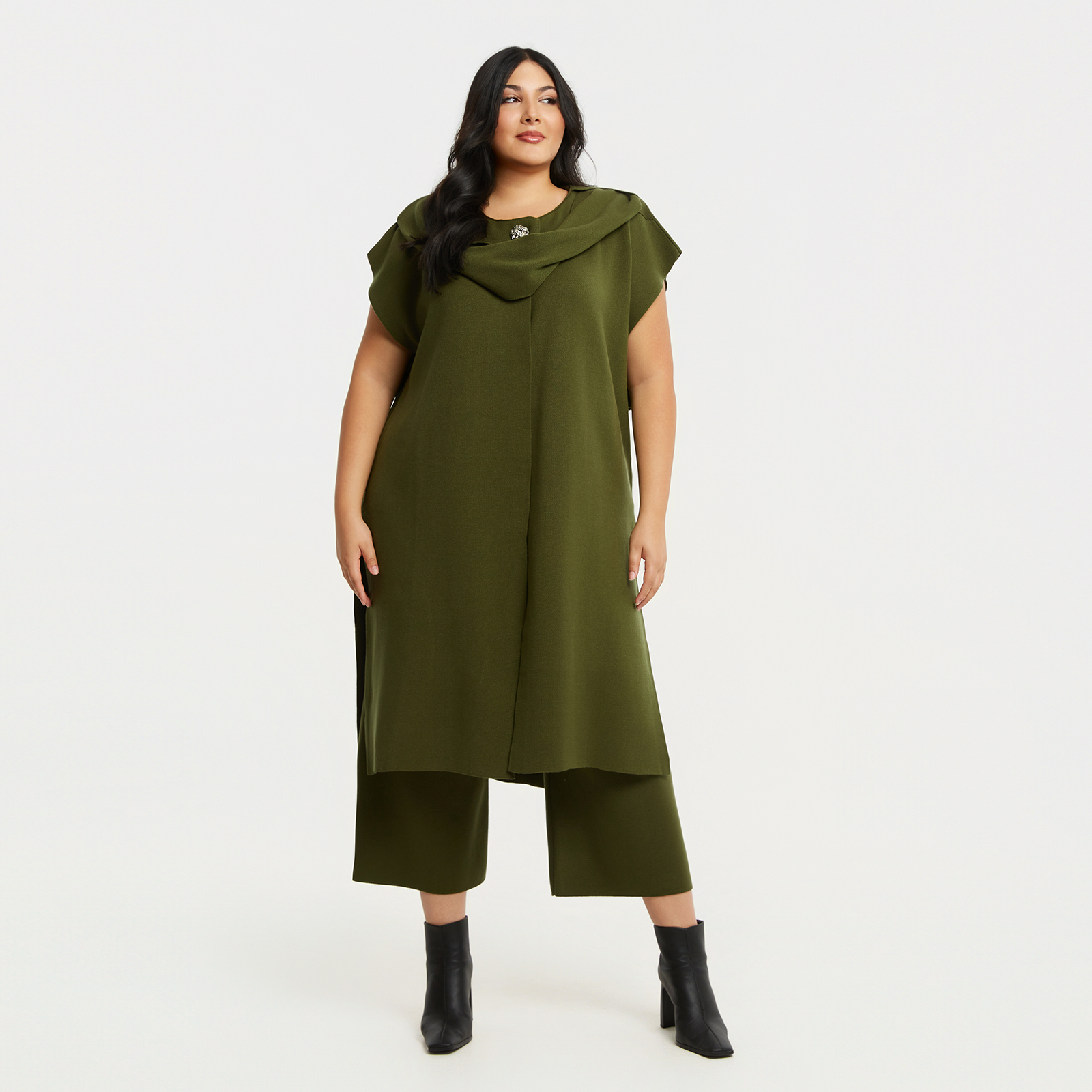 MAT FASHION Πλεκτή μακριά ζακέτα με ντραπέ γιακά και εντυπωσιακό κουμπί