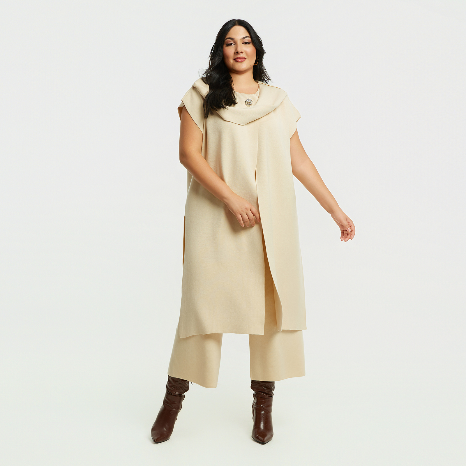 MAT FASHION Πλεκτή μακριά ζακέτα με ντραπέ γιακά και εντυπωσιακό κουμπί