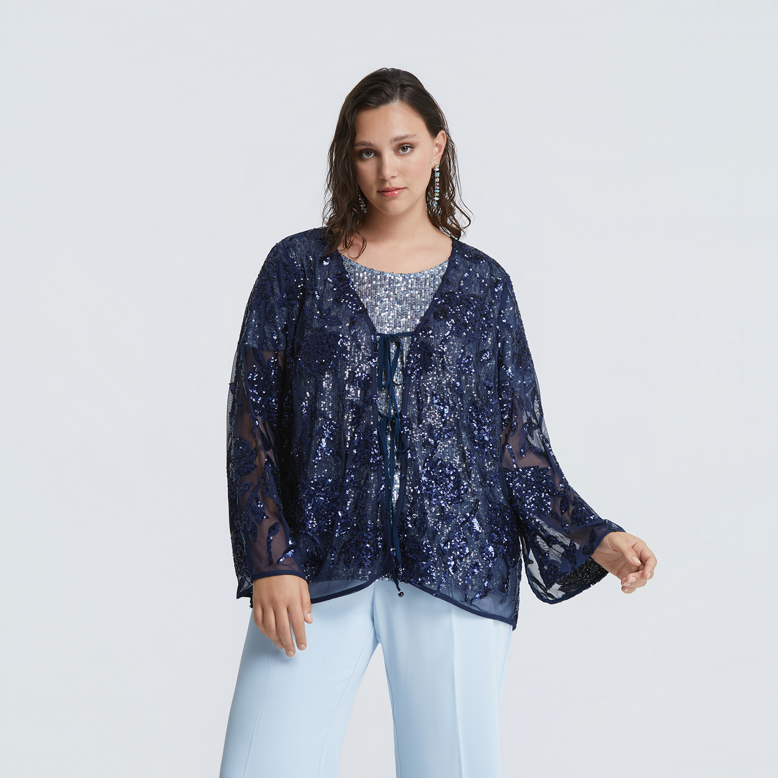 Floral embroidered sequin cardigan with front ties