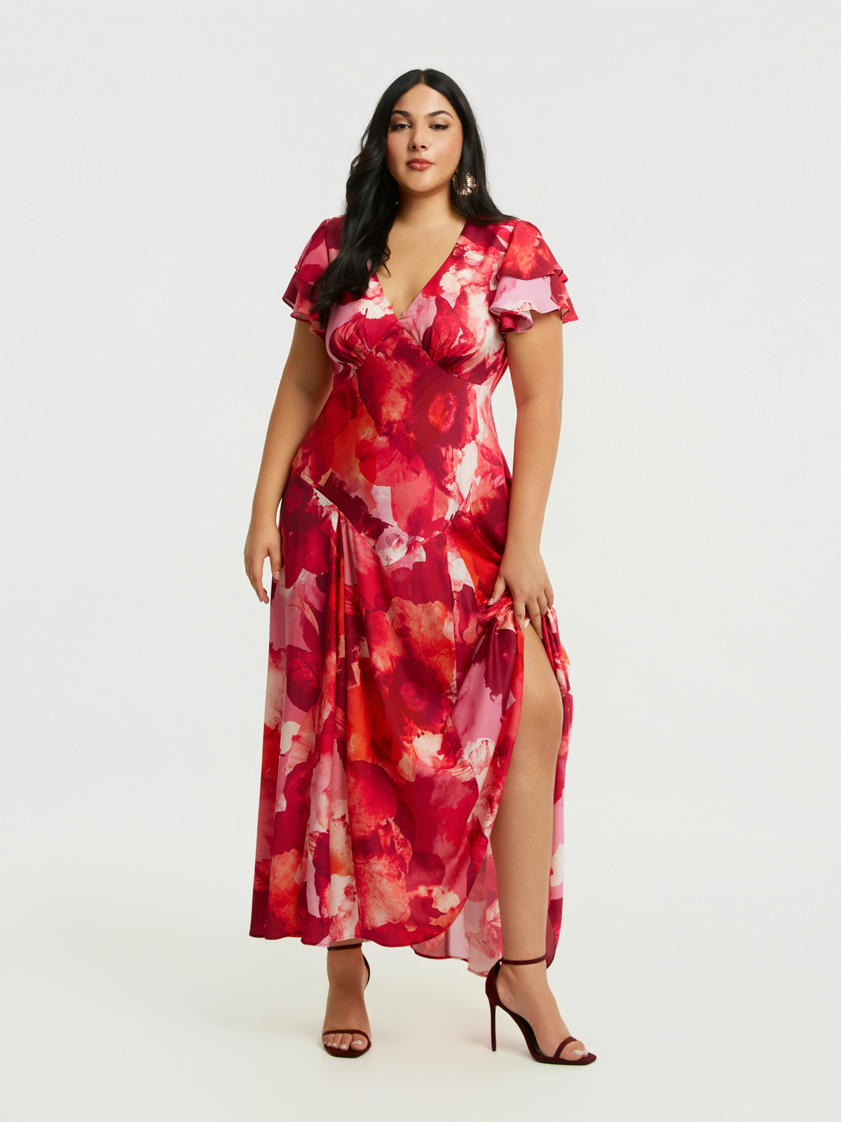 Maxi φόρεμα με φλοράλ σχέδιο και βολάν μανίκια φωτογραφία