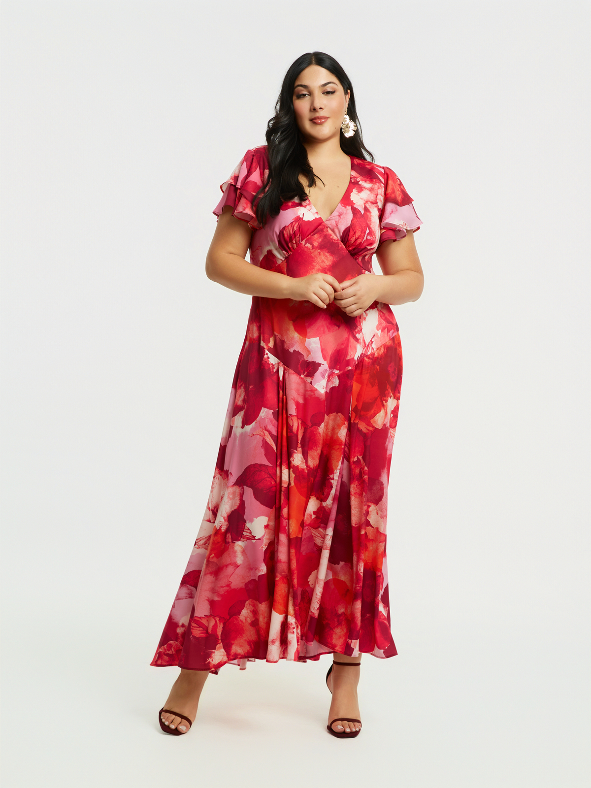 Maxi φόρεμα με φλοράλ σχέδιο και βολάν μανίκια φωτογραφία