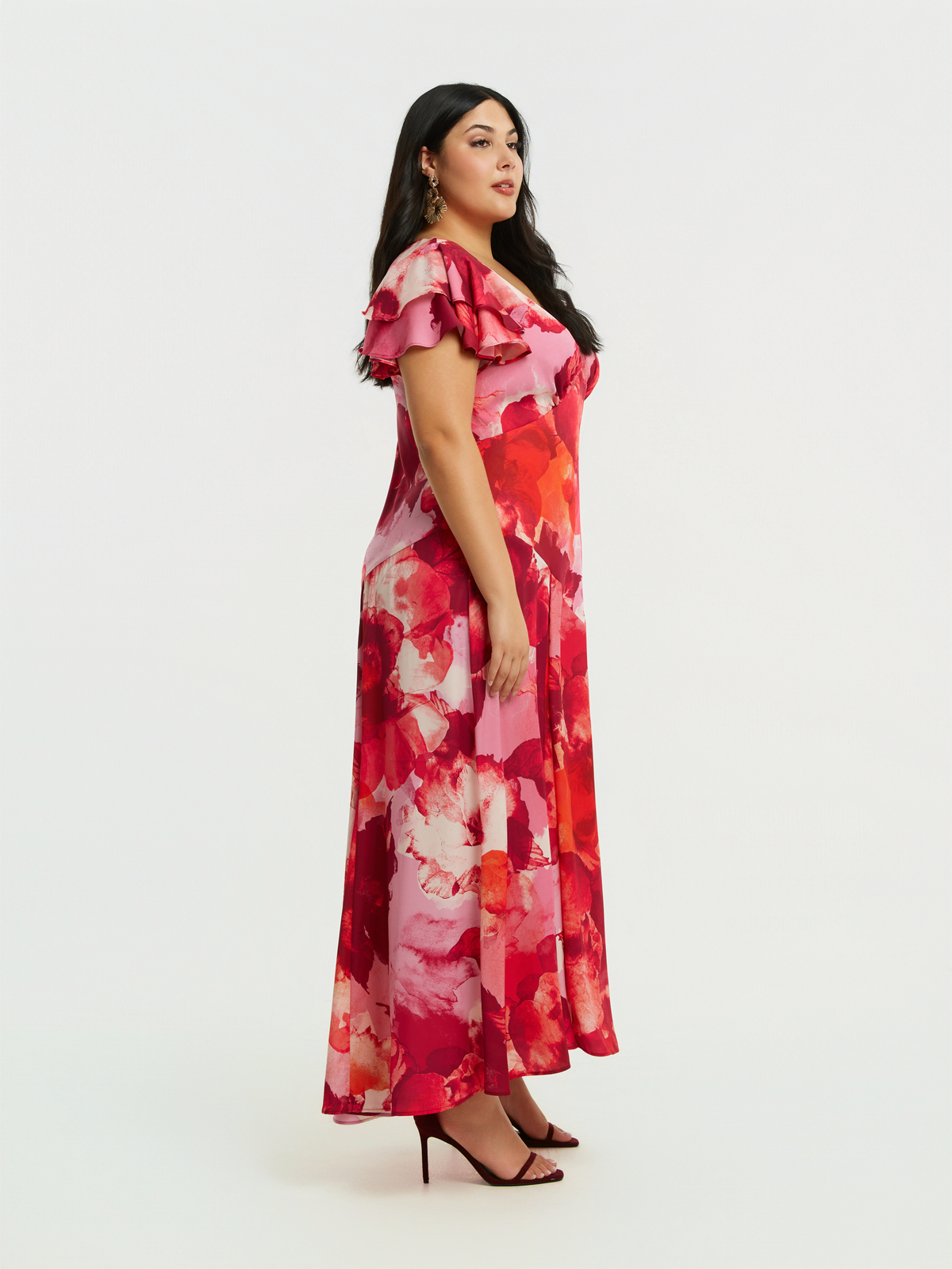 Maxi φόρεμα με φλοράλ σχέδιο και βολάν μανίκια φωτογραφία