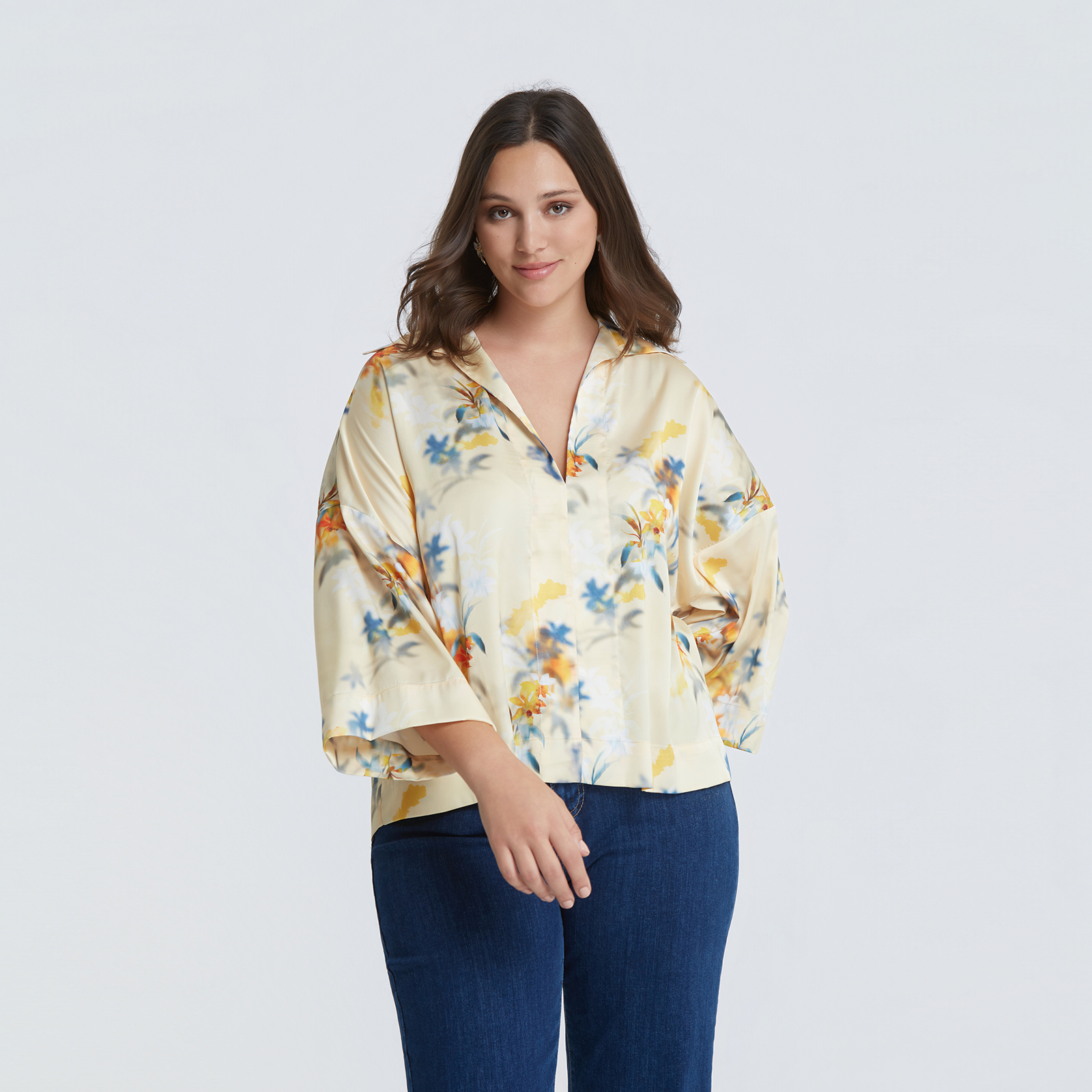 MAT FASHION Φλοράλ σατέν μπλούζα με γιακά