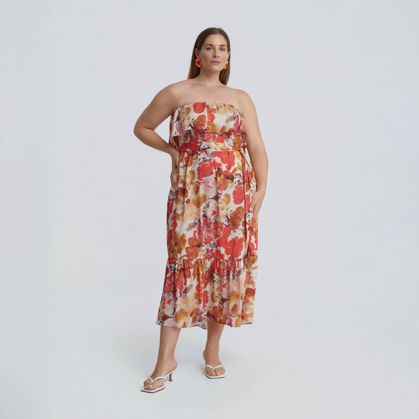 Φλοράλ strapless φόρεμα με ζώνη