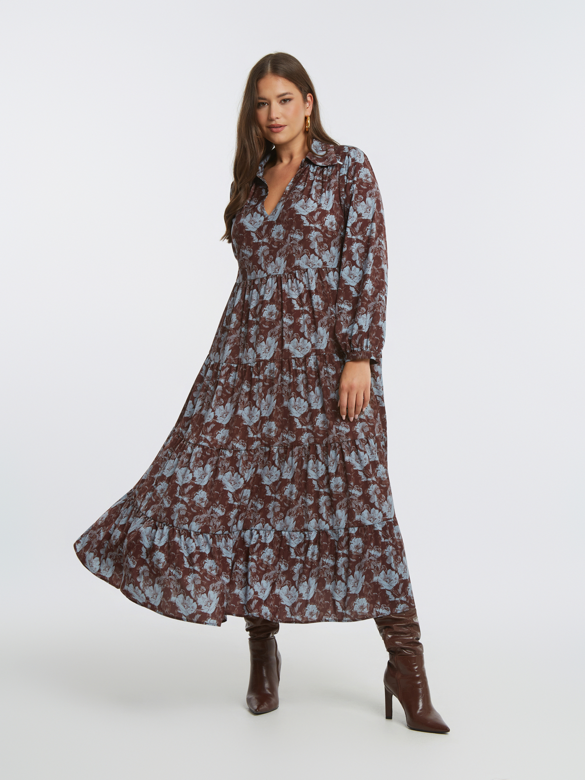 Maxi φλοράλ φόρεμα με βολάν φωτογραφία