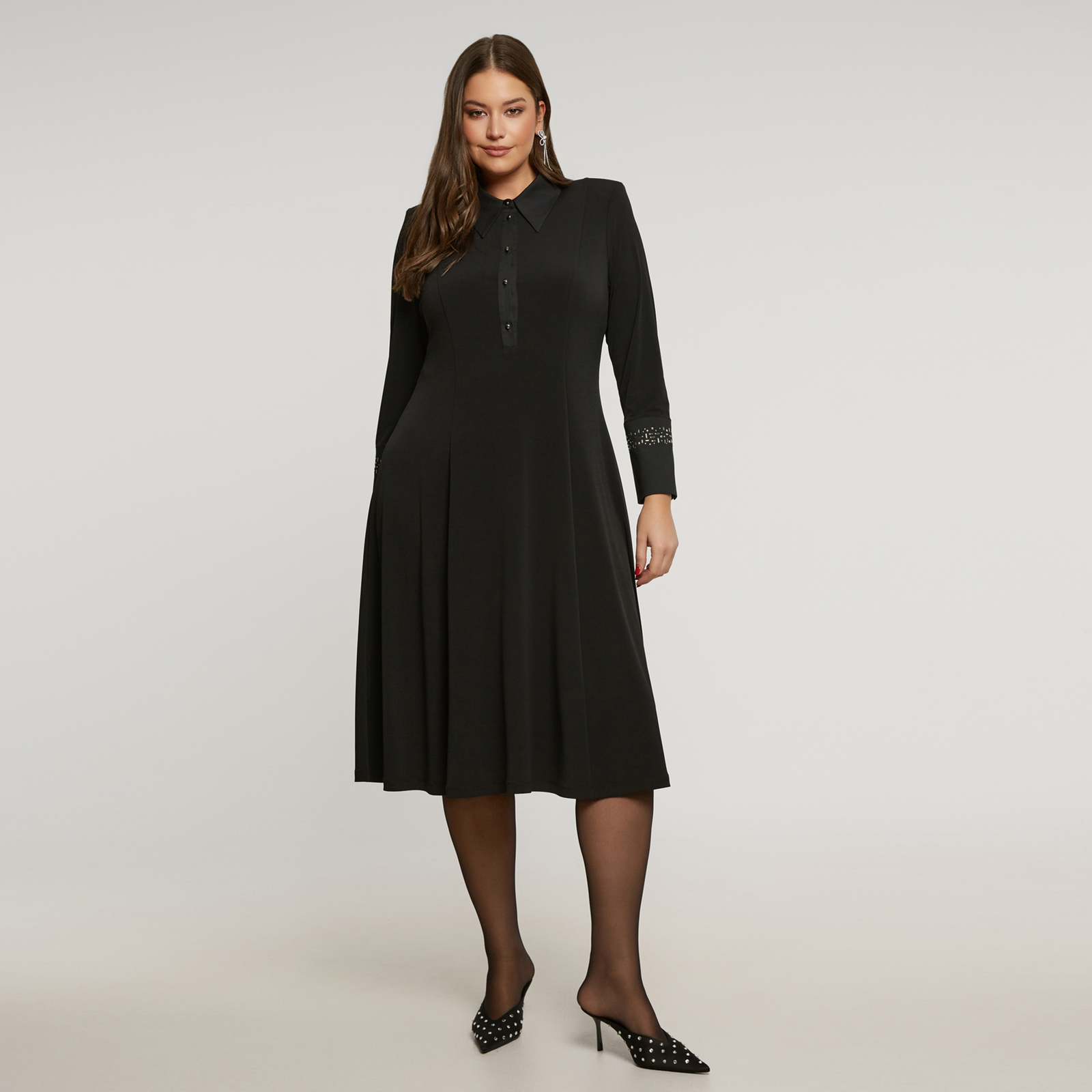 MAT FASHION Super jersey midi φόρεμα με διακόσμηση στο γιακά και στα μανίκια