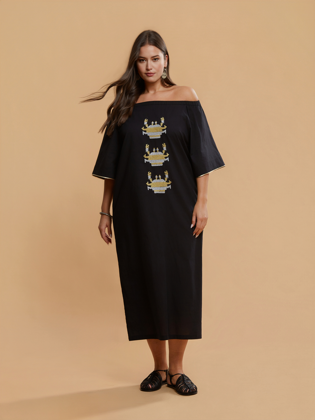Βαμβακερό off-shoulder φόρεμα με κέντημα φωτογραφία