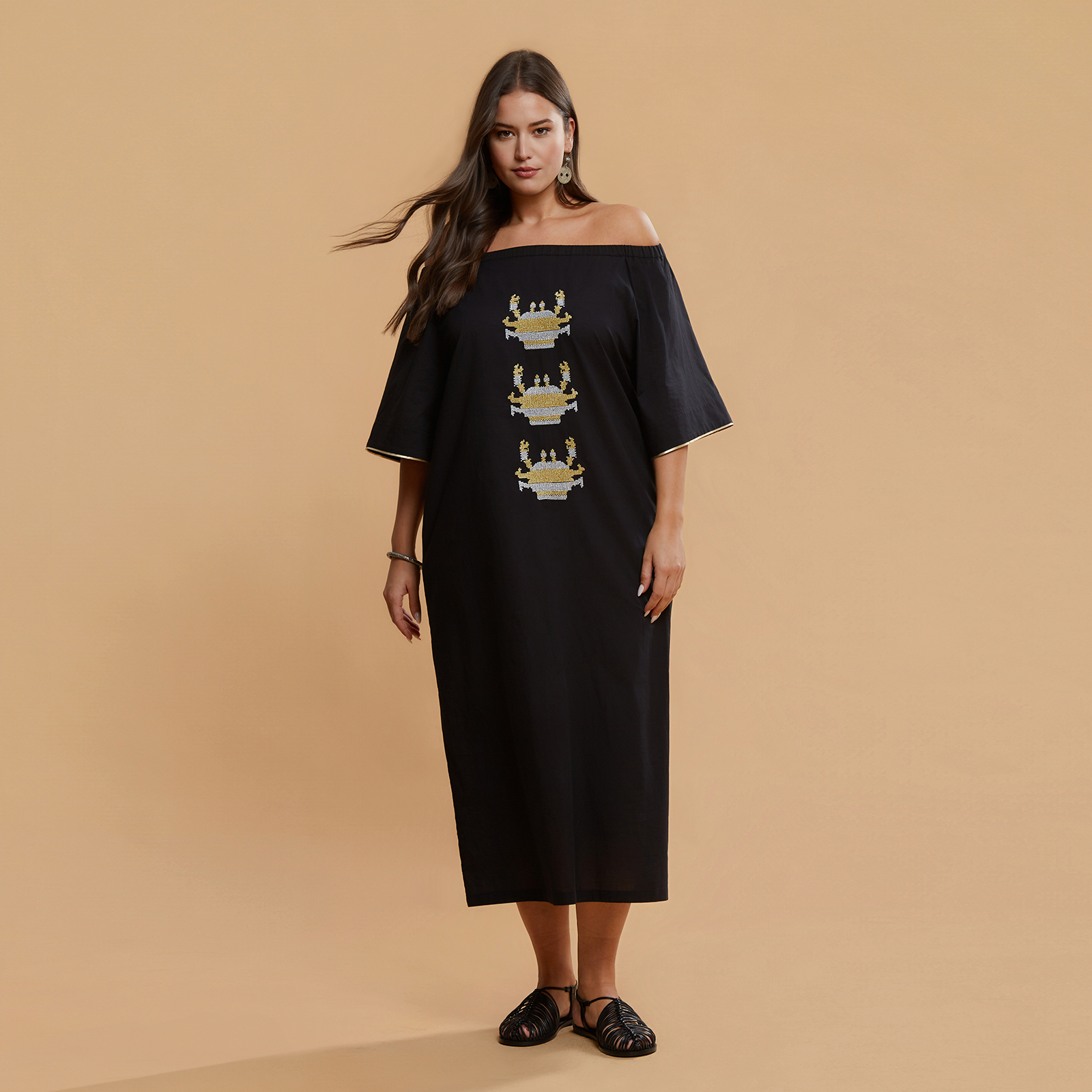 Βαμβακερό off-shoulder φόρεμα με κέντημα