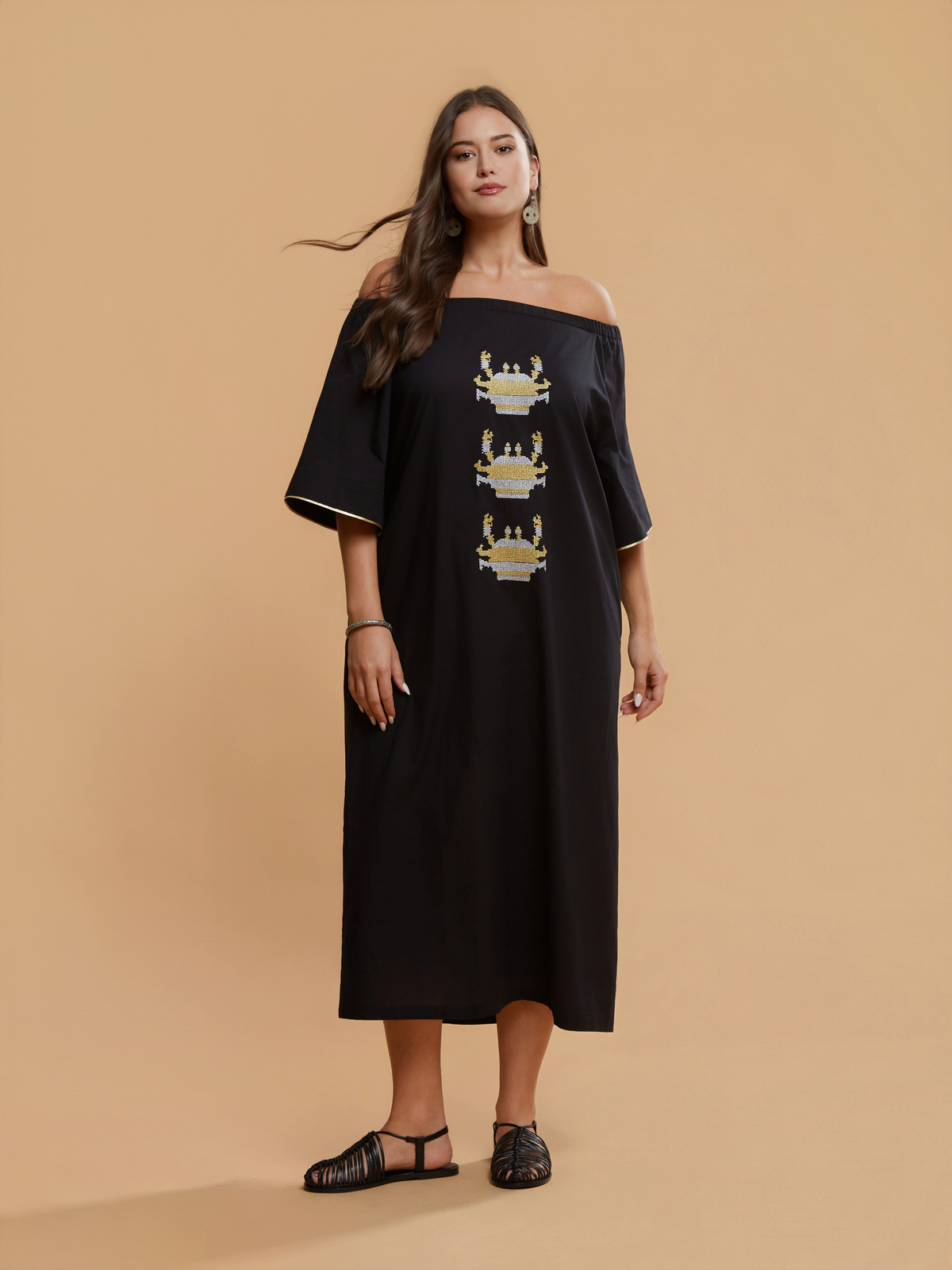 Βαμβακερό off-shoulder φόρεμα με κέντημα φωτογραφία
