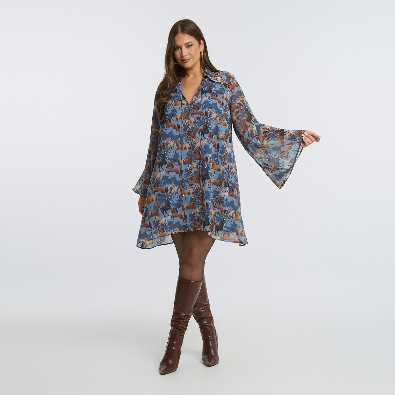 MAT FASHION Mini φόρεμα με εντυπωσιακό equestrian σχέδιο και δέσιμο στη λαιμόκοψη