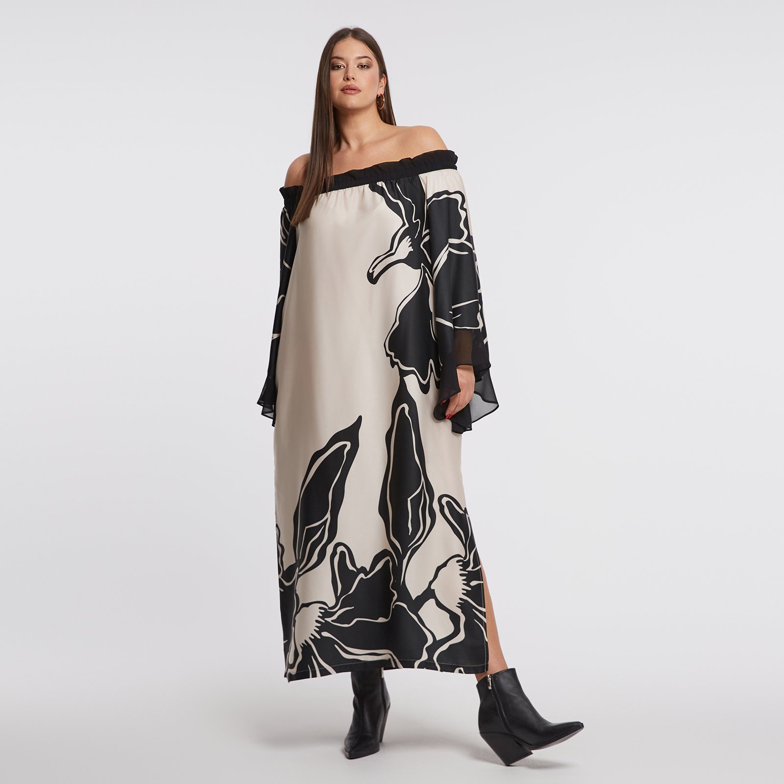 MAT FASHION Έξωμο φόρεμα με αφηρημένο σχέδιο και μανίκια καμπάνα