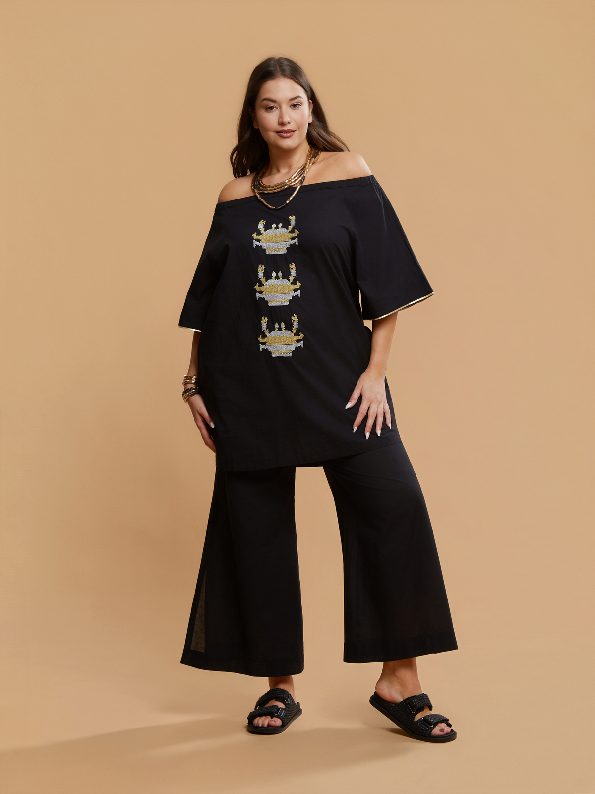 Βαμβακερή off-shoulder τουνίκ με κέντημα φωτογραφία