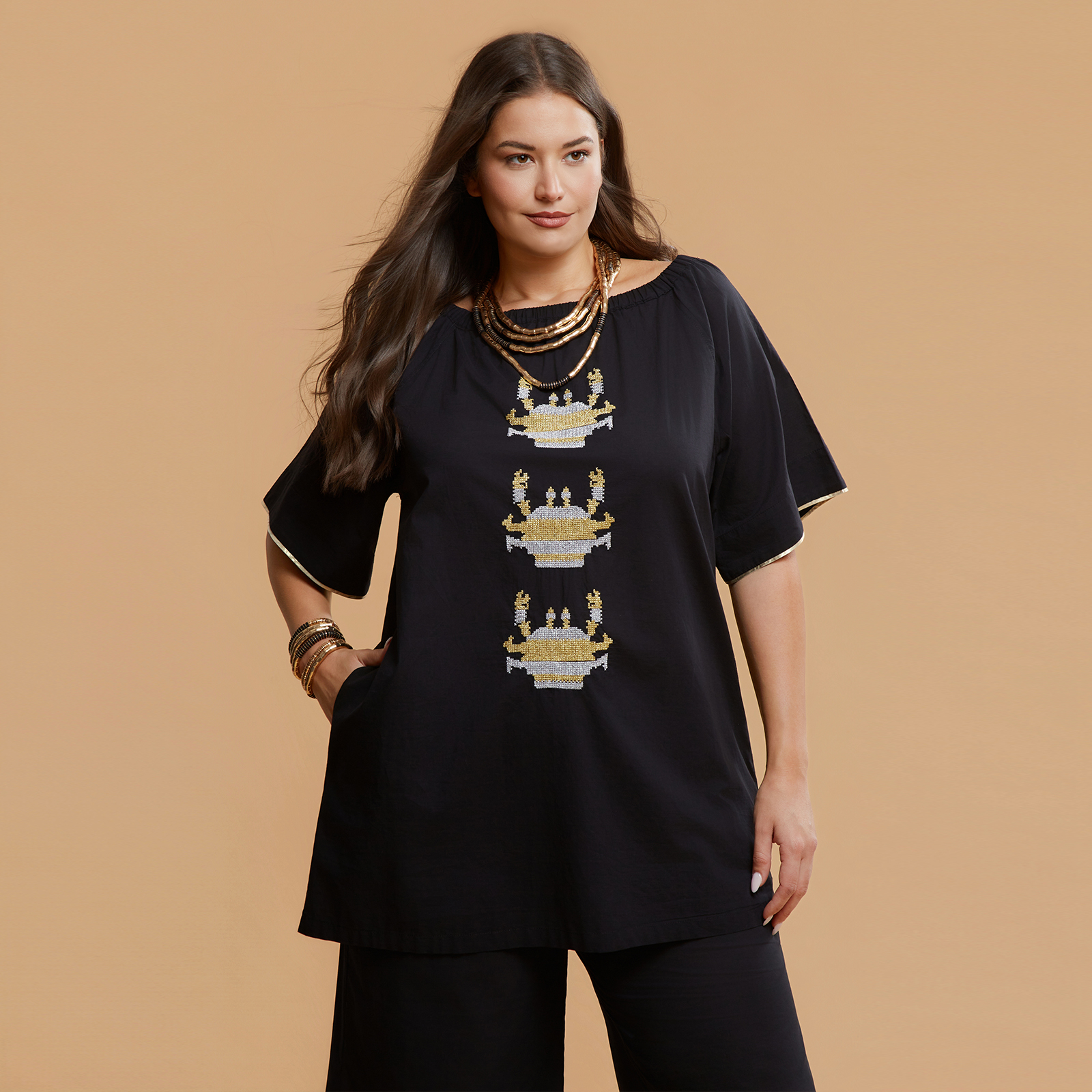 Βαμβακερή off-shoulder τουνίκ με κέντημα