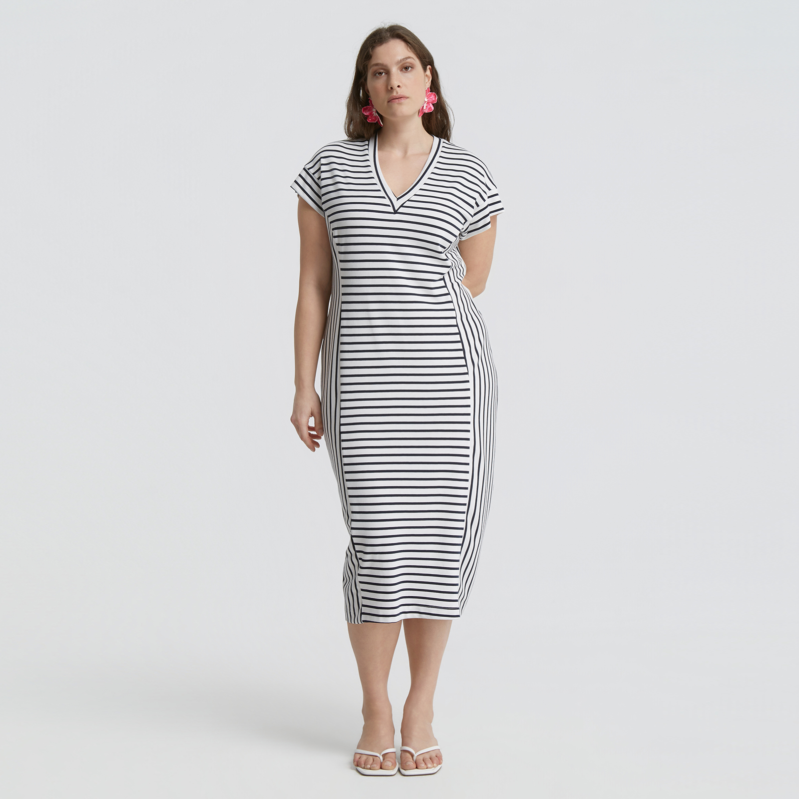 Striped V-neck short-sleeve midi dress