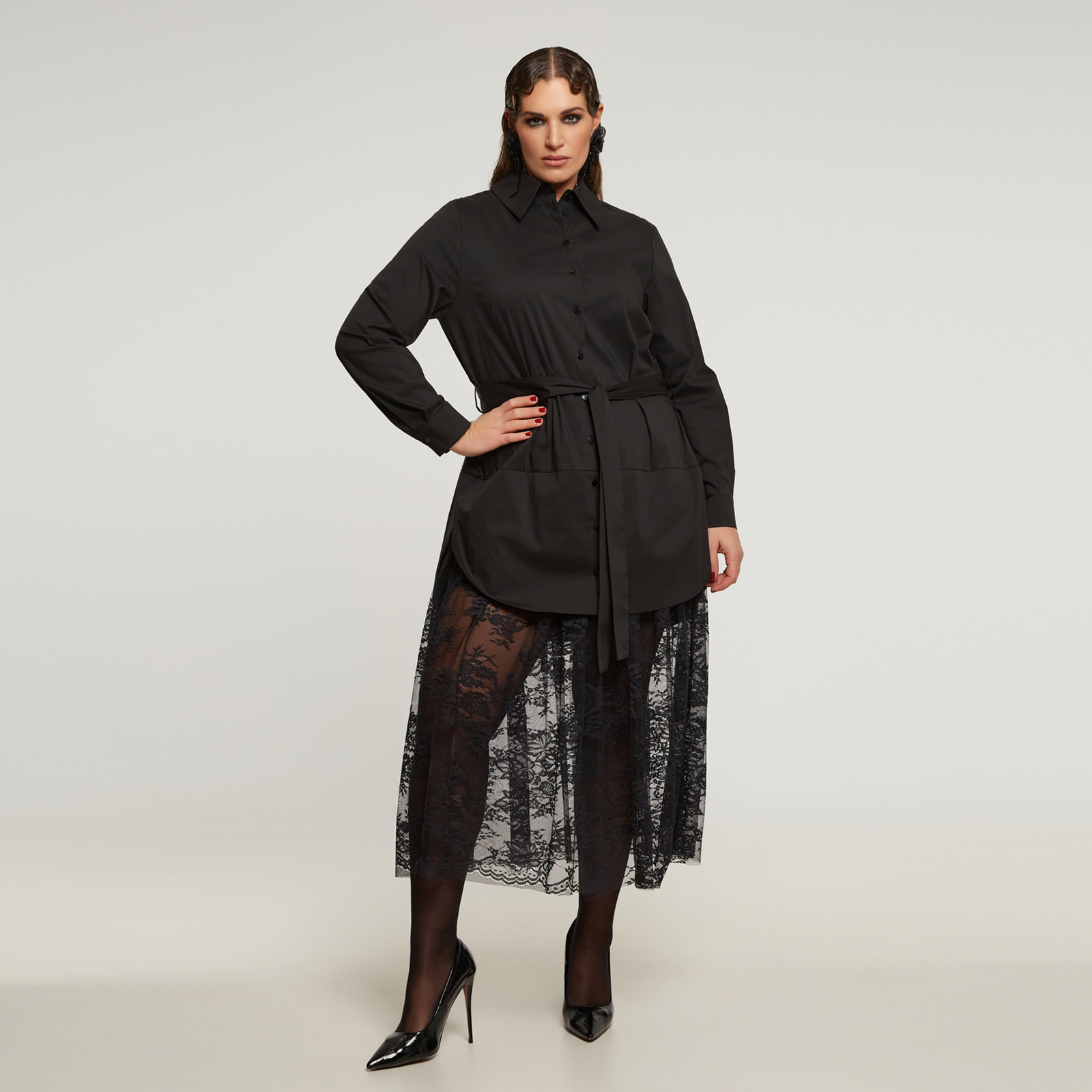 Cotton belted shirt-dress with lace hem